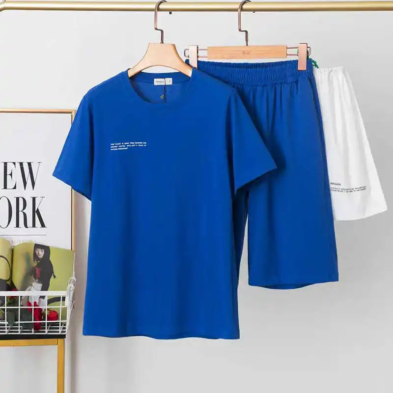

2021 Spring and Summer New Letter Printing Round Neck Solid Color Short-Sleeved Men and Women Couple T-shirt + Solid Color Pants