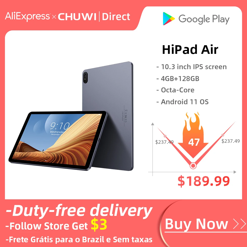 

CHUWI HiPad Air 10.3 Inch Tablet 1920x1200 Unisoc T618 Octa Core 4GB RAM 128GB ROM Tablets PC Android 11 OS Dual Wifi Type-C