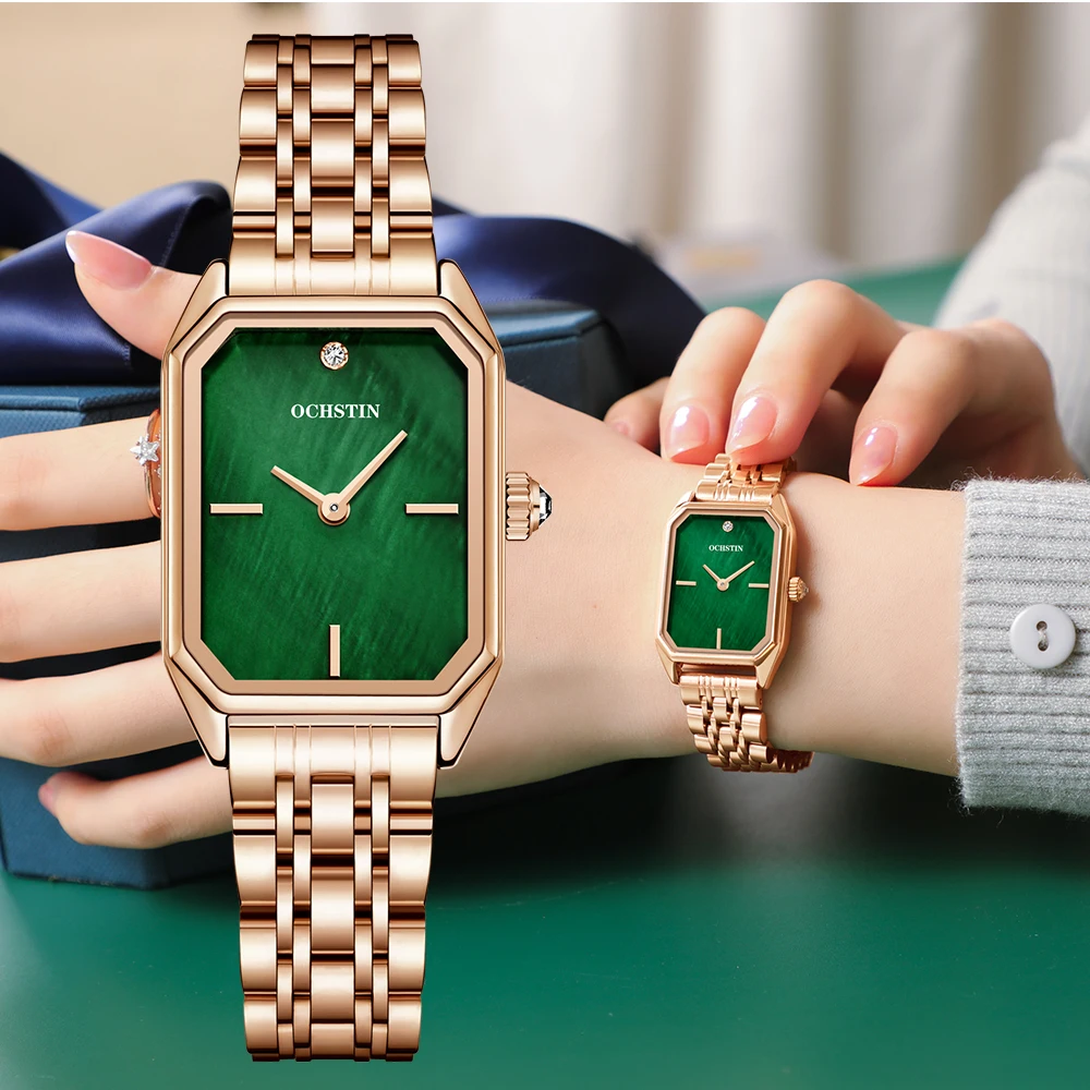 

OCHSTIN Quartz Women Watches Ultra-thin Stainless Steel Ladies Clock High Quality Waterproof Rectangle Small Green Leather Watch