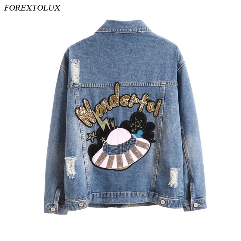 Женская джинсовая куртка с вышивкой свободная Повседневная куртка-бомбер