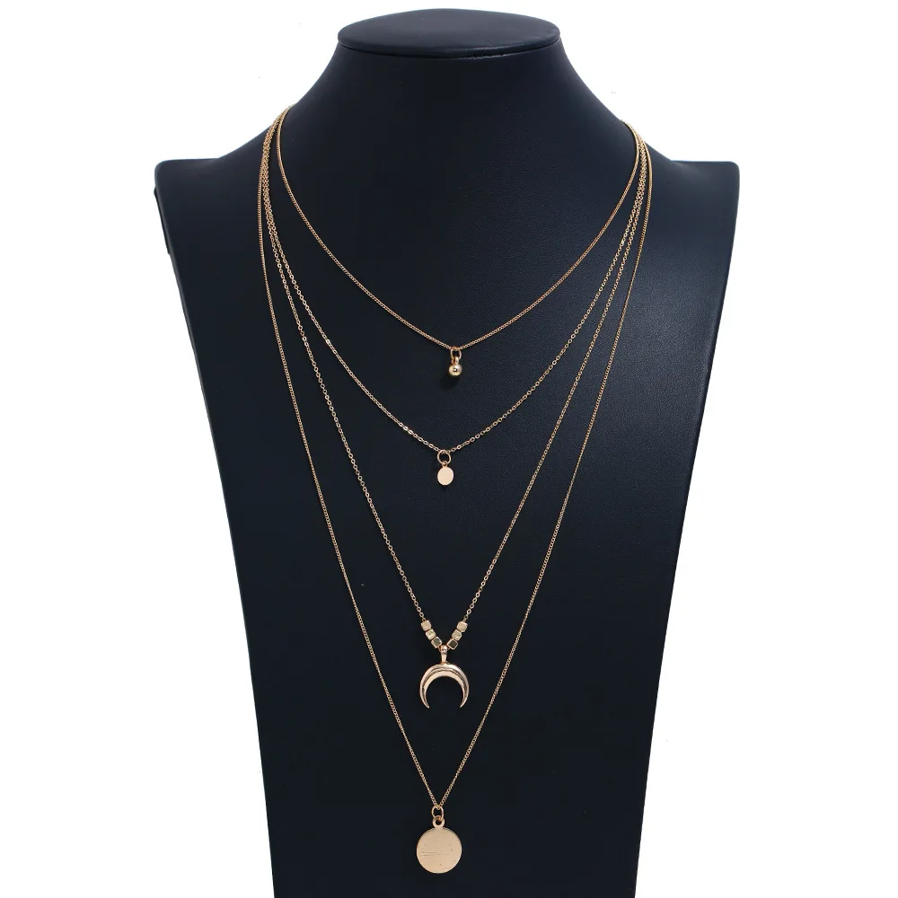 

Fashion Jewelry Popular Crescent Plating Disc Multilayer Pendant Necklace Ladies Temperament Clavicle Chain Accessories