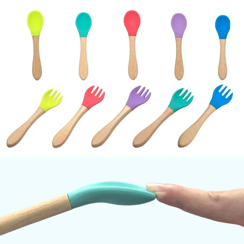 Cuchara de silicona de madera para beb&eacute;, vajilla de suplemento alimenticio para ni&ntilde;os, cuchara de entrenamiento con mango de madera para alimentaci&oacute;n segura-1