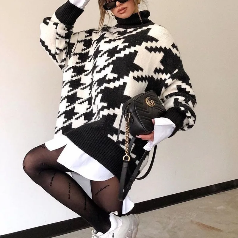

Women Knitting Turtleneck Long Sleeve Black Pullovers Houndstooth Retro Tops 2020 Autumn Winter Loose Jumper Oversized Sweaters