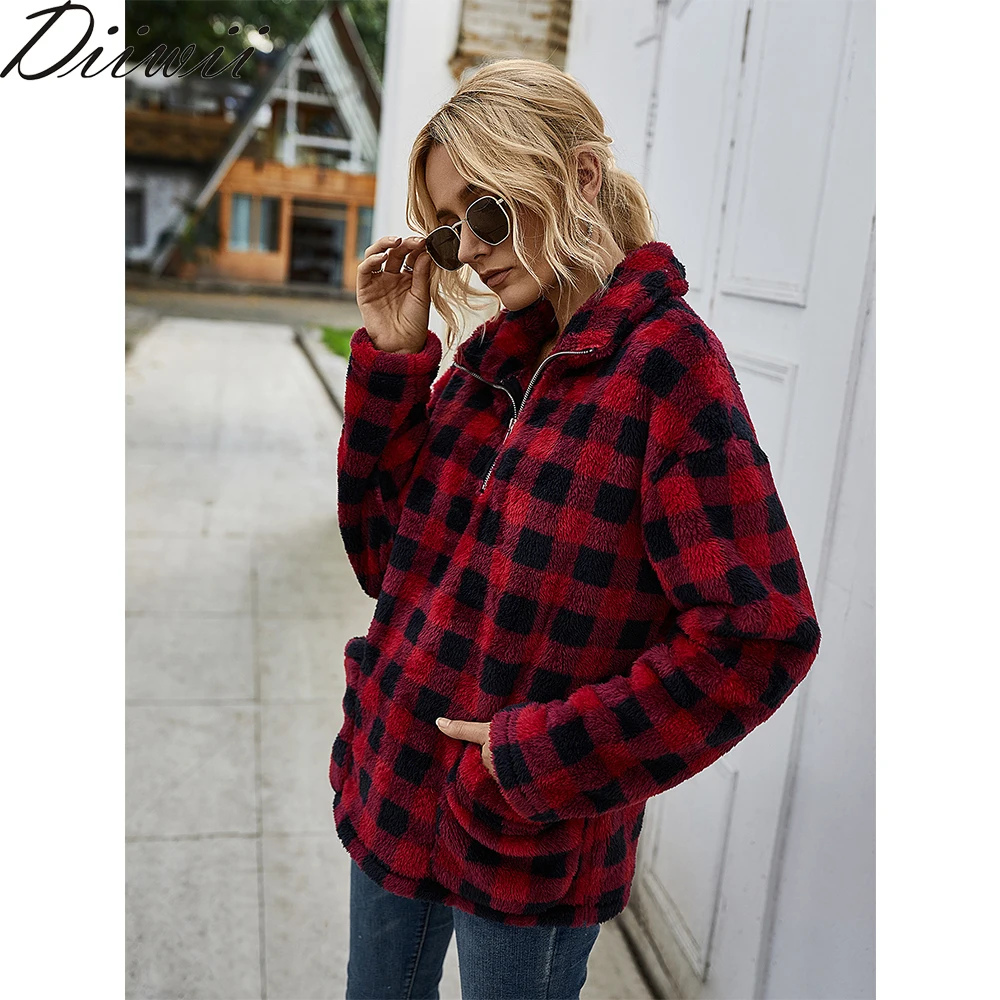 

Diiwii Winter Vintage Checked Turn-down Collar Hoodies Women's Fashion Casual Long Sleeves Pocket Thicken Pullover Tops Loose
