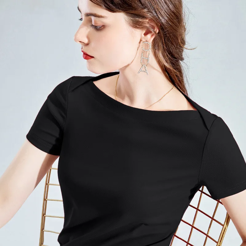 

Short sleeve t-shirt female summer half sleeve cotton T-shirt French elegant sexy clavicle heart machine shoulder top female