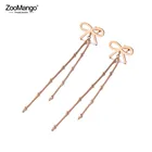 Серьги-подвески женские из титановой стали, розовое золото, с бантом и цепочкой, ZE19156, Богемские серьги-подвески