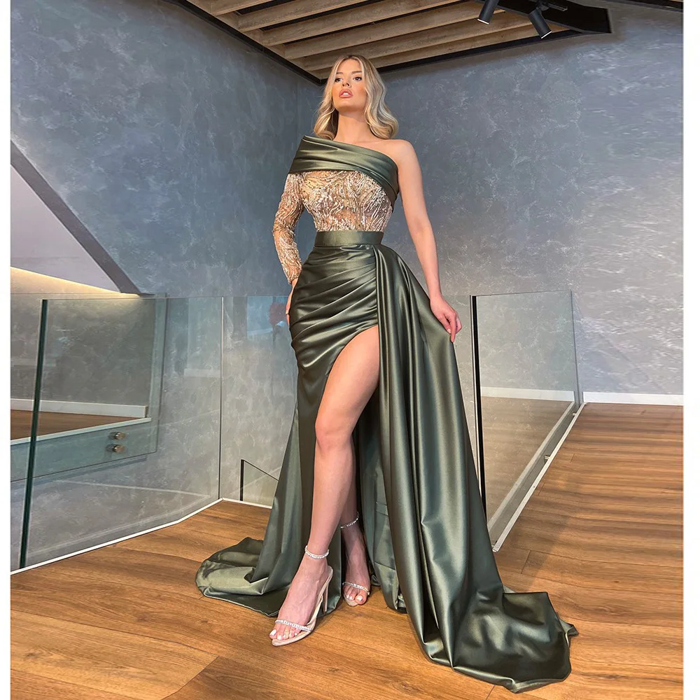 

Satin Pleated Evening Sexy Open Neck Dress Zipper Long Sleeve New In 2021