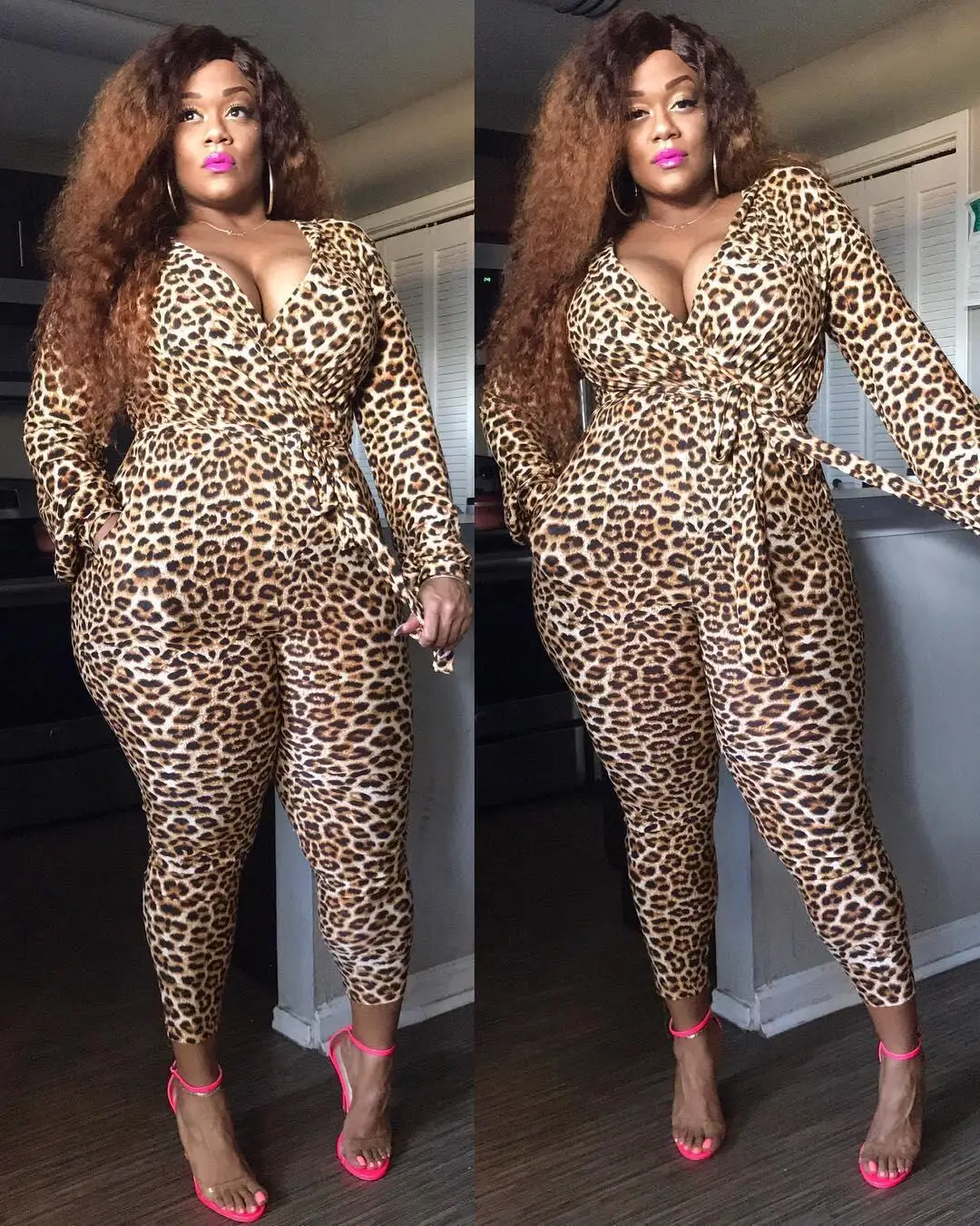 

Wholesale Fashion Retro Leopard Print Fit Tight Pencil Long Jumpsuit 2020 Casual Women V Neck Long Sleeve Romper Catsuit