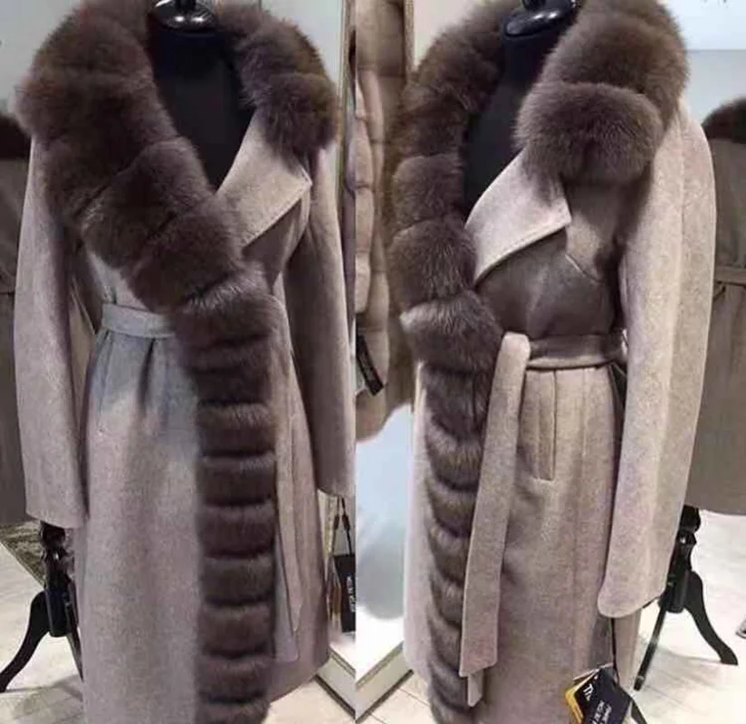 

Customize X-long Real Fox Fur Collar Wool Coat For Women Winter Coats 2020 Female Genuine Fur Overcoat With Belt