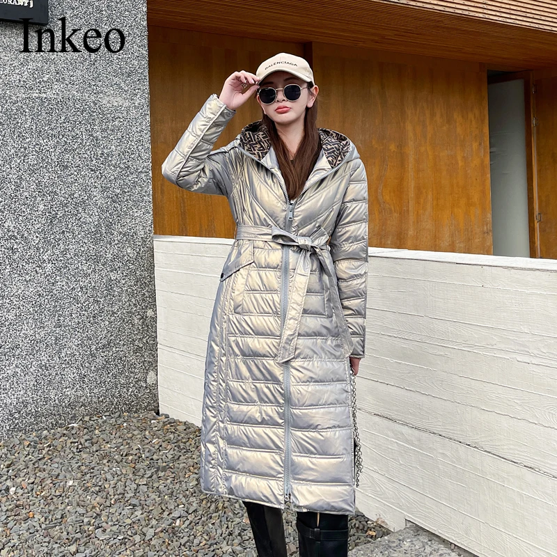 

2021 Winter Thickened Hooded Puffer jacket Warm Loose Solid Belt cotton-padded Long Coat Female Overcoat High street INKEO 1O160