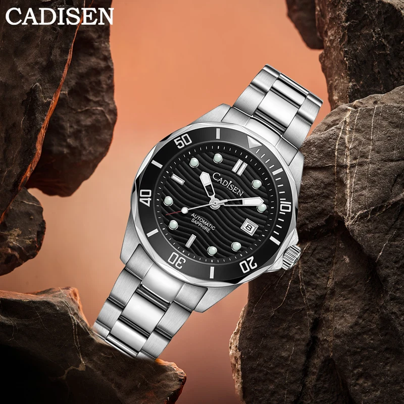 

CADISEN Diver Water Ghost Роскошные сапфировые Синие Мужские автоматические механические часы с керамическим ободком 10 бар светящееся окошко для даты