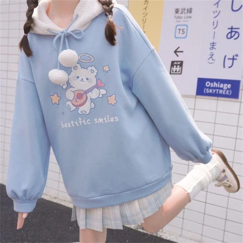 

Kawaii Bear Teen Girls Hoodie Sweatshirt Harajuku Hoody Outwear Autumn Women Loose Long Sleeve Solid Sweatsuit Aesthetic