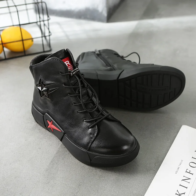 Женские высокие кроссовки на платформе SWONCO черные повседневные из натуральной