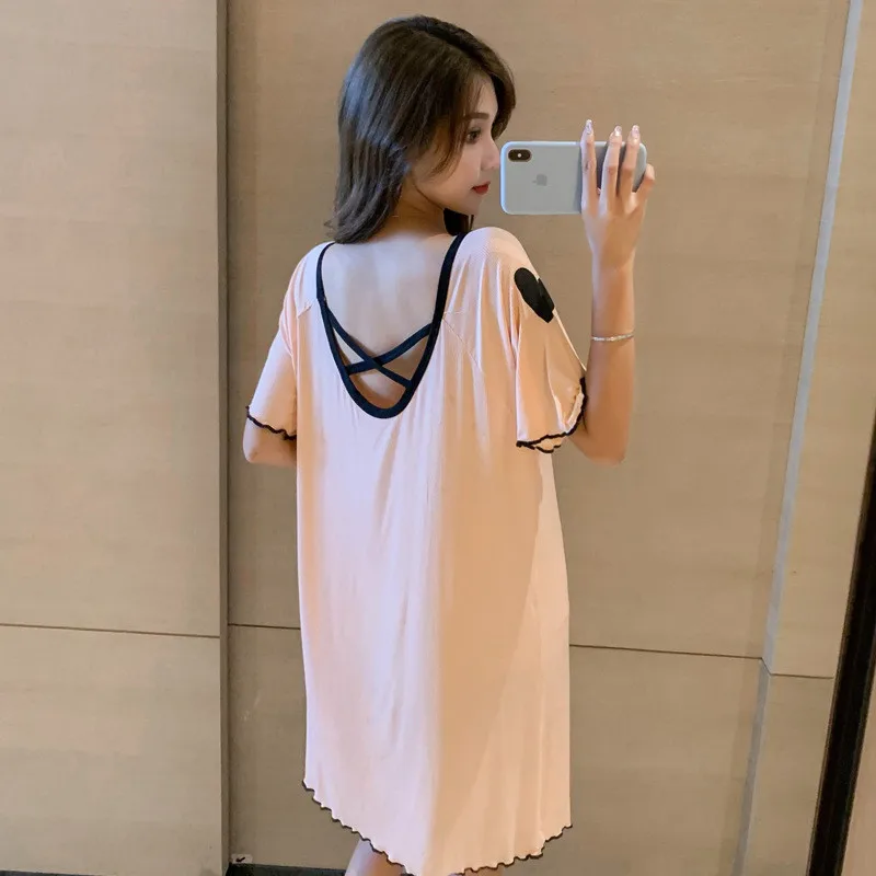 

Elegant Ladie's Sleepwear Short Sleeve Summer Dress Modal Cotton Loose Nightdress Big Size Sleepshirt Women Nightgowns