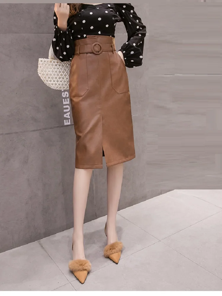 

CHIC Winter New Designer European Women High Waist Split Faux Leather Skirts Irregular One Piece With Belt