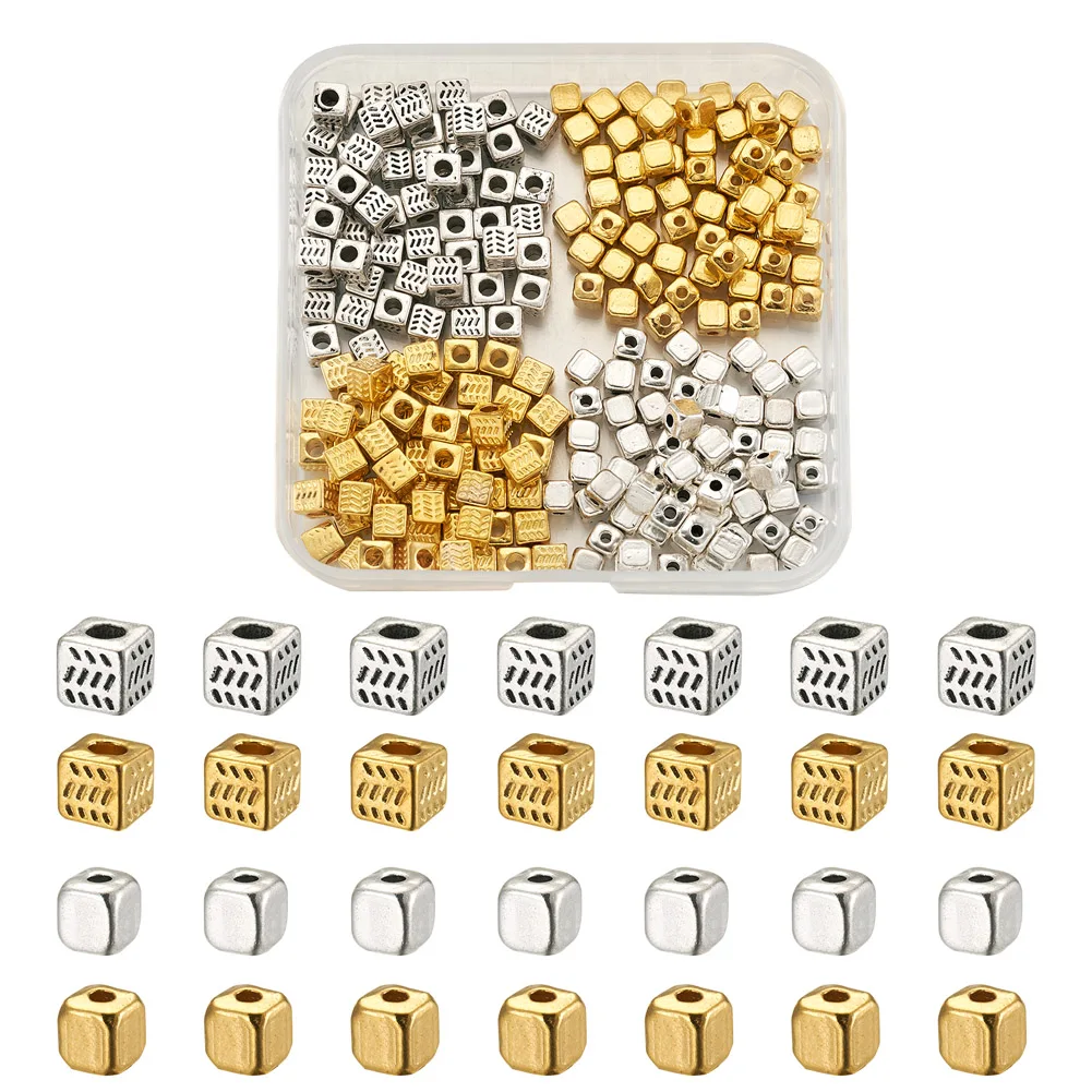 

240Pcs 4 Styles Tibetan Alloy Square Beads Hollow Gold Silver Cube Spacer Bead Charm For Bracelet Necklace DIY Jewelry Making
