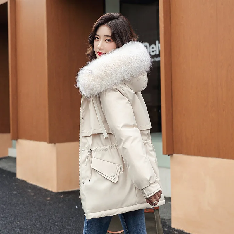 2021 Winter Women Down Jacket Parkas Female Long Coats Outwear Plus Size Streetwear Fur Collar Plus Velvet Thick Solid Overcoat