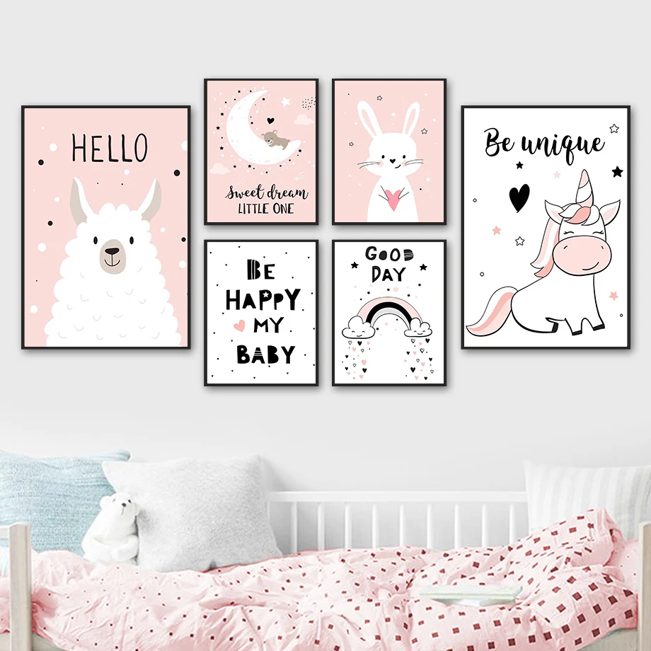 

Alpaca Rabbit Bear Moon Rainbow Quotes Nordic Posters And Prints Wall Art Canvas Painting Cartoon Wall Pictures Kids Room Decor