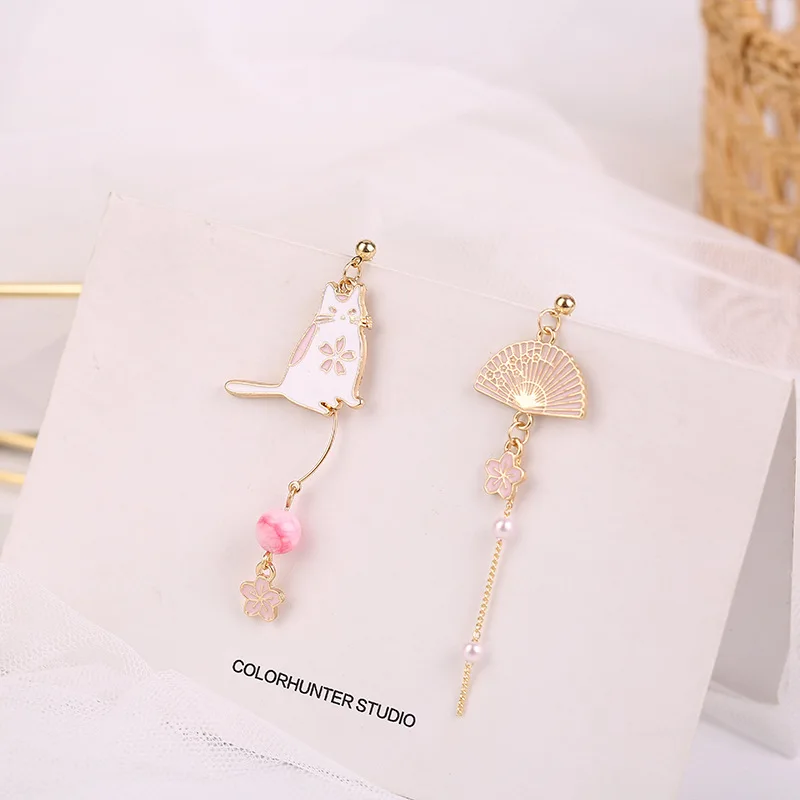 

Japanese Sweet Cute Enamel Fan Cat Animal Drop Earrings Asymmetrical Girl Flower Long Tassel Clip On Earrings for Women Girl