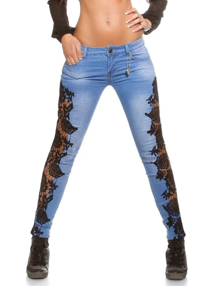 

Plus Size 3XL Lace Floral Crochet Hollow-Out Jeans Autumn Women Elegant Sexy Denim Pencil Skinny Jeans