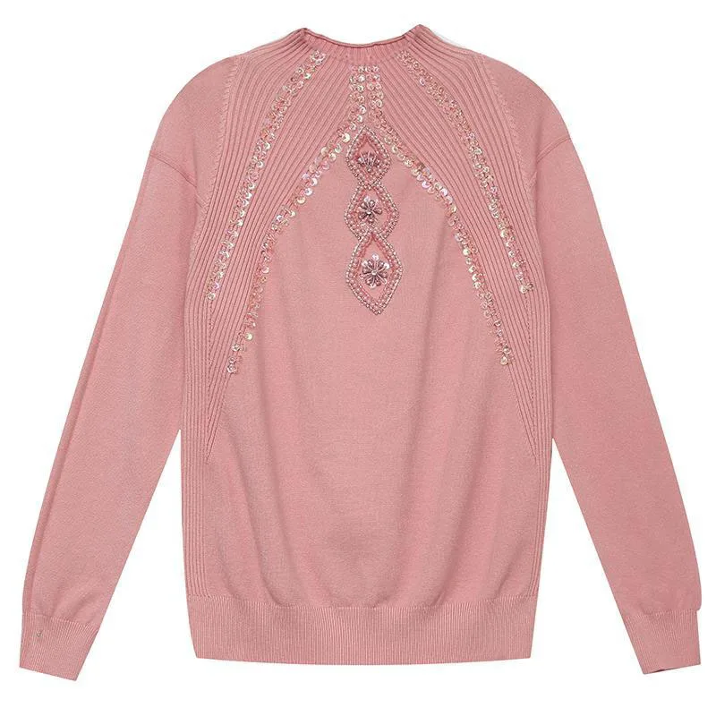 

Aautumn Winter Women Pullover Beading Sequins Knitted Sweater Female Fashion Casual Loose Half high Collar Knit Sweater R671