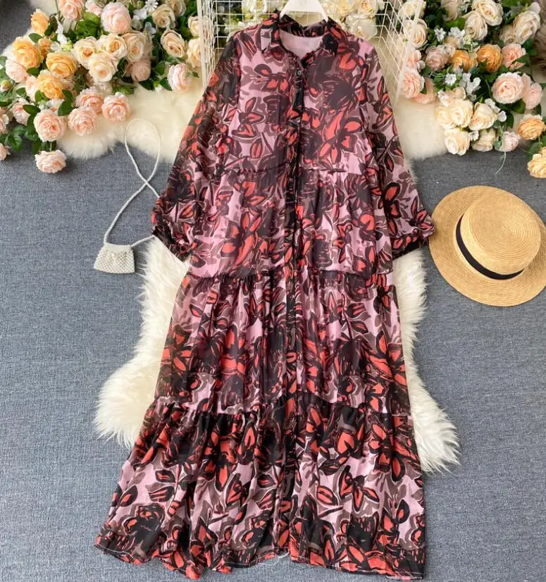 

Women's spring summer runway fashion flower print chiffon dress female casual loose sunscreen plus size beach chic dress TB376