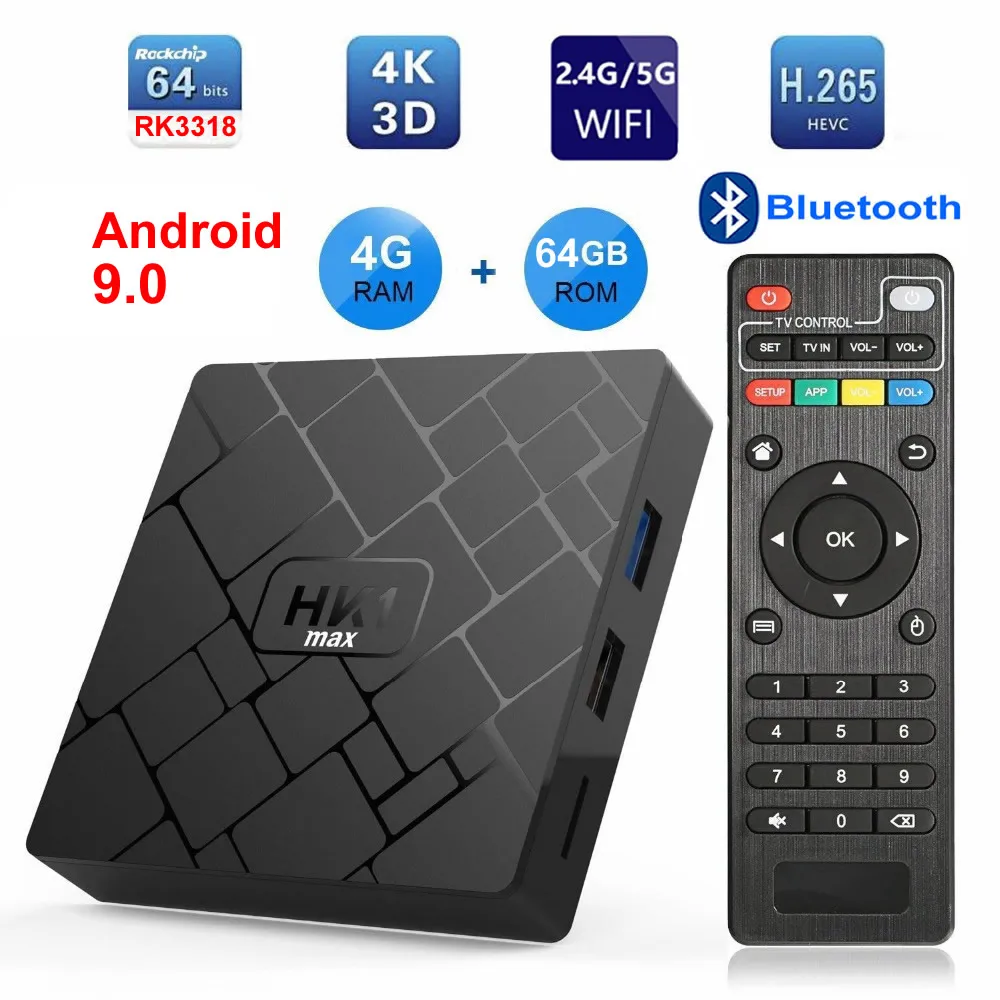 HK1 MAX Android 9,0 Smart tv BOX RK3318 Четырехъядерный 4 ГБ ОЗУ 64 Гб ПЗУ 2,4 ГБ/5 Гб двойной wifi Bluetooth 3D 4K HDR H.265 USB3.0 телеприставка