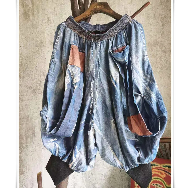 

LYUZHE Women Personality Tie Dye Pants 2021 Summer Women Denim Cross Pants Female Plus Size Slim Pants Blue ZQY066D