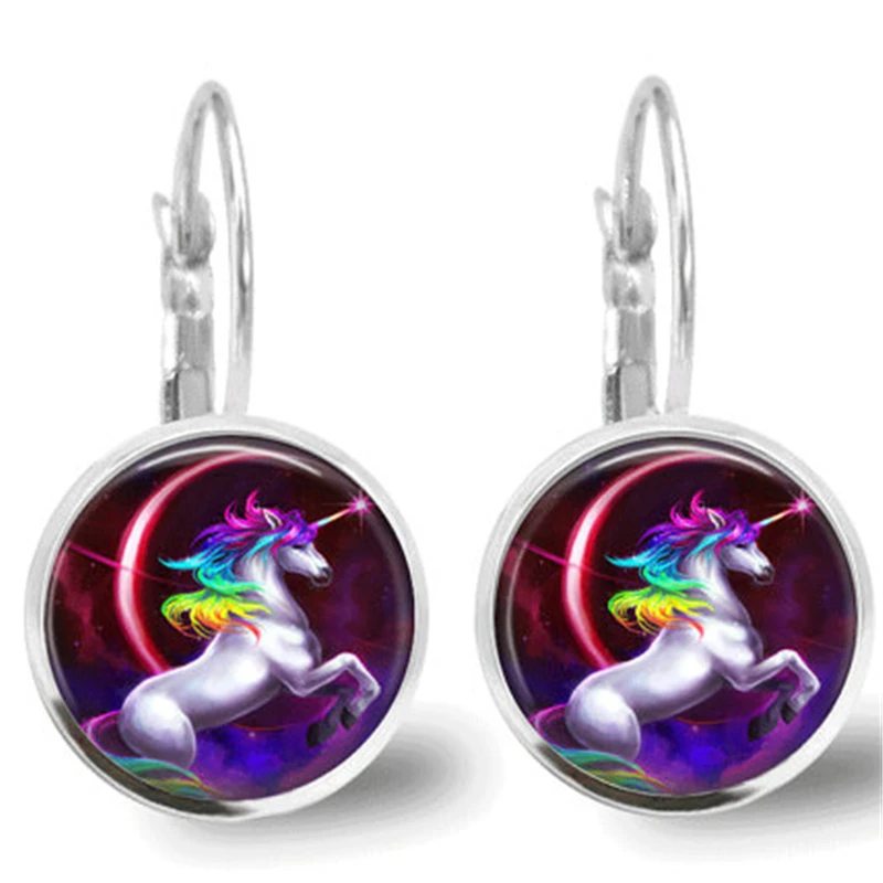 

1 Pair of Unicorn Pattern Fashion Glass Cabochon 18MM Lever Rear Earrings DIY Alloy Earrings Ear Buckle Women's Charm Jewelry