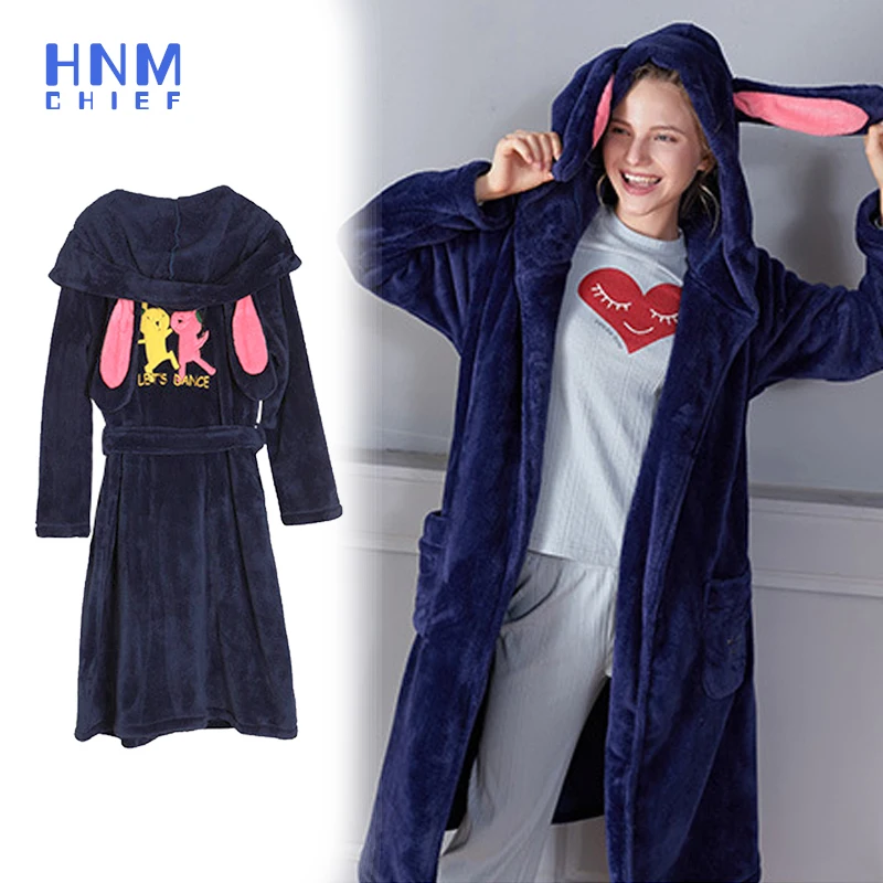 

Новый Зимний женский халат HNMCHIEF с длинным рукавом и капюшоном, однотонный фланелевый ночной халат, модная Домашняя одежда с милыми ушками
