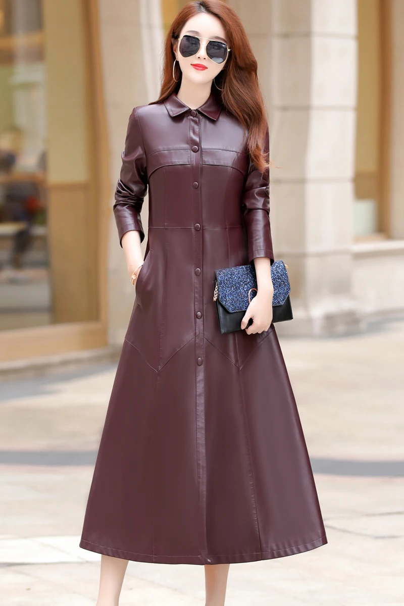 

JCHB 2021 new coat spring autumn Leather coat women's long knee-high leather trench coat slim fit large size leather coat