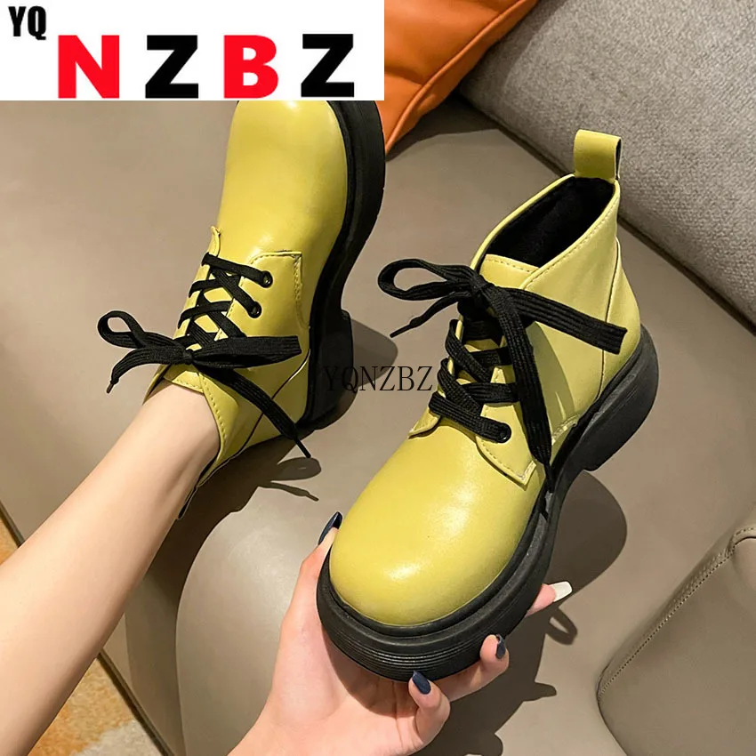 

yellow green Women's Boots platform Winter Soft Leather Shoes Vintage Botas Wedges Female Lace Up Platforms Women Botas Mujer
