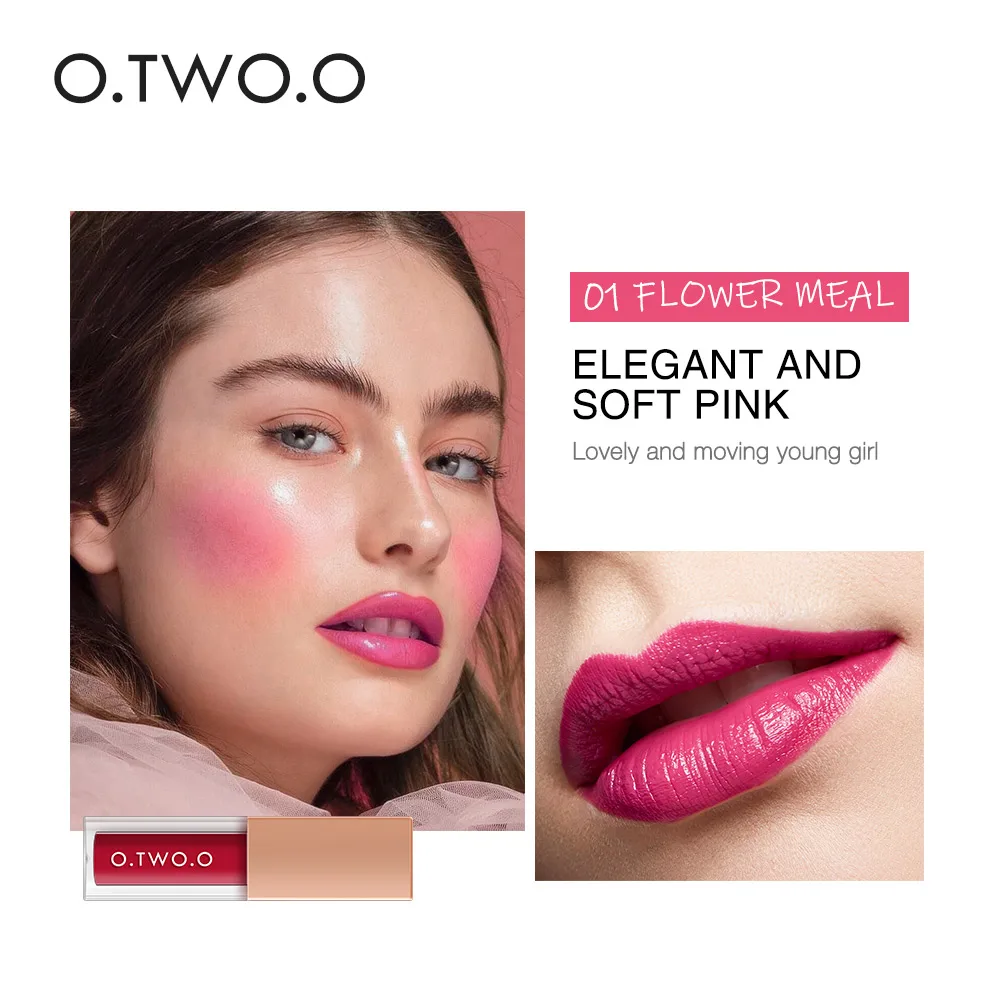 01 flower meal O.TWO.O 2 In 1 Lip Gloss+ Liquid Blusher Double Effect Long Lasting Waterproof 4 Colors Soft Silky Smooth Makeup - Цвет: 01 flower meal