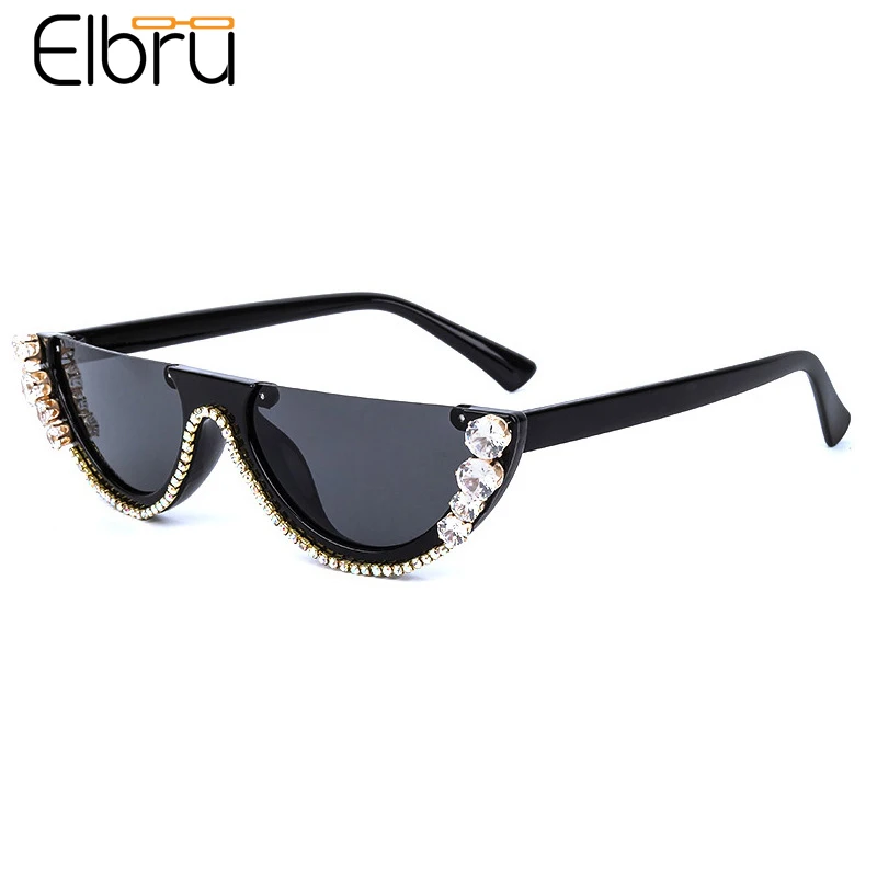 

Elbru 2021 Diamond Decorated Cat Eye Semi-rimless Sunglasses Vintage Female Sunshades Brand Desianer Sun Glasses For Women Men