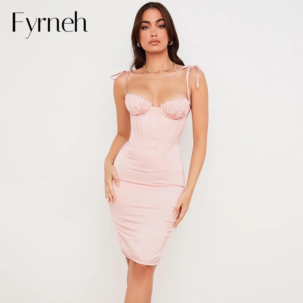 

Fyrneh Women Sexy Cute Tie Shoulder Satin Corset Pink Dress Celebrity Party Outfits Elegant Padded Bustier Bodycon Midi Dress