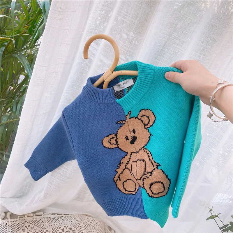 

Cute Children's Clothing Pullover Sweaters For Kids Winter Autumn Boy Girl Clothes Patchwork Color Matching Korean Cartoon Bear