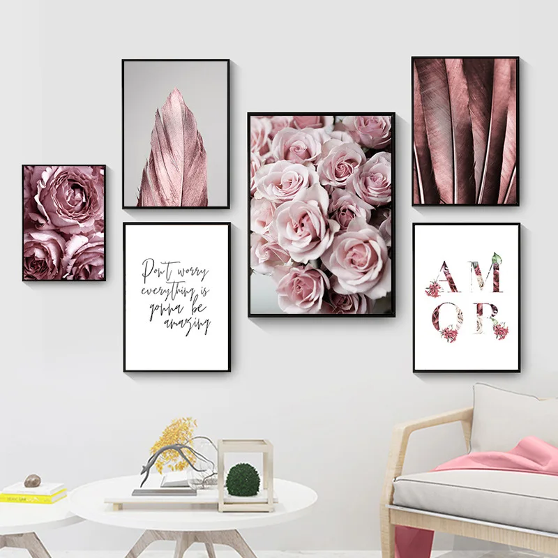 Современный пейзаж розовые стены искусства свежий тюльпан цветок листья картина