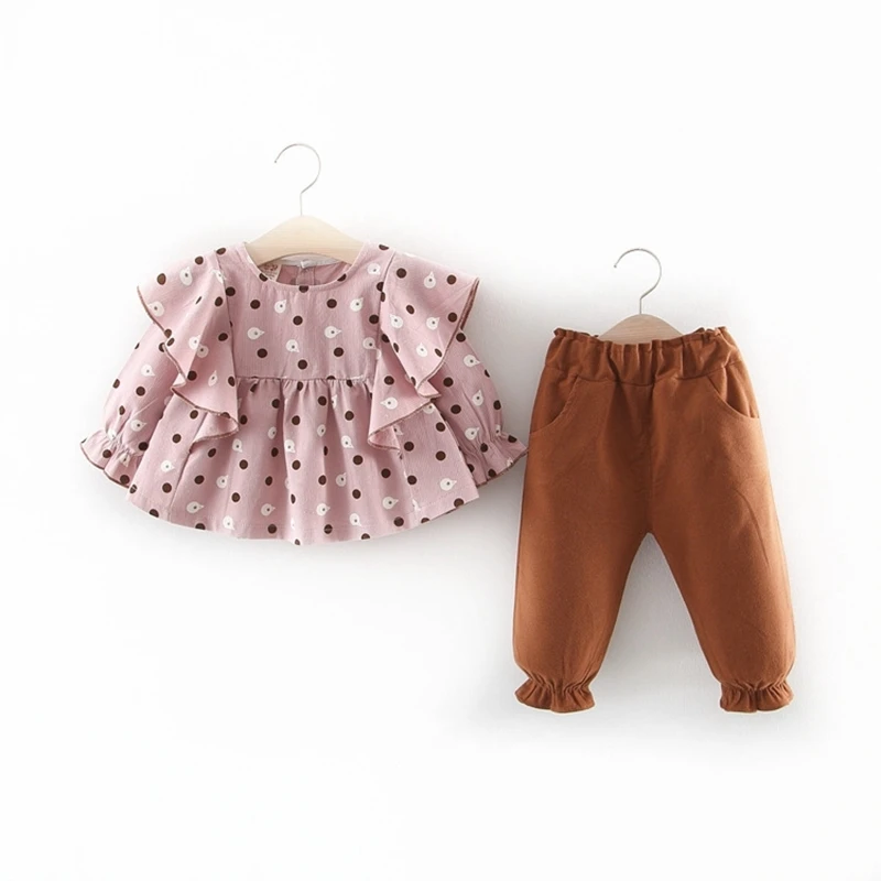 2019 Повседневный осенний комплект одежды принцессы для девочек топы в горошек с