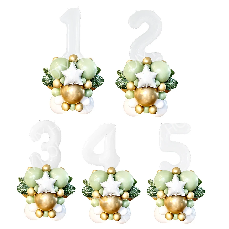 

35pcs/lot Green Balloon with 1-9 White Figure Balloon Tower For Adult Kids Happy Birthday Party Decoration DIY Party Supplies