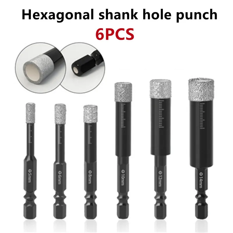 

6PCS Multifunctional Hexagonal Shank Dry Brazing Hole Opener Glass Ceramic Tile Vitrified Brick Diamond Drill Bit Set