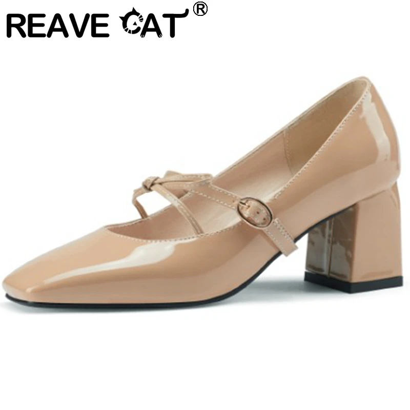 

Женские туфли-лодочки с квадратным носком REAVE CAT, новые туфли мэри джейн с жемчугом на толстом блочном каблуке 6 см, элегантные удобные туфли ...