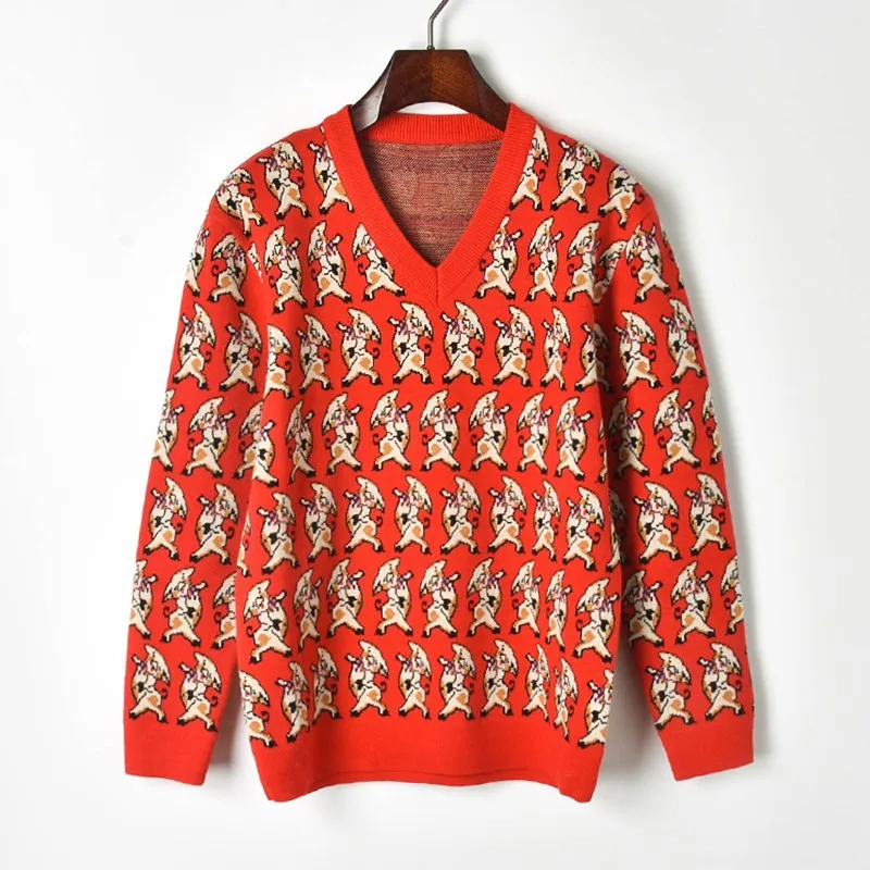 Womens Winter Sweaters 2020 Cotton Piggy Jacquard Knit Pullover Sweater Jumpers Women Fashion Red V Neck Sueter Mujer | Женская одежда