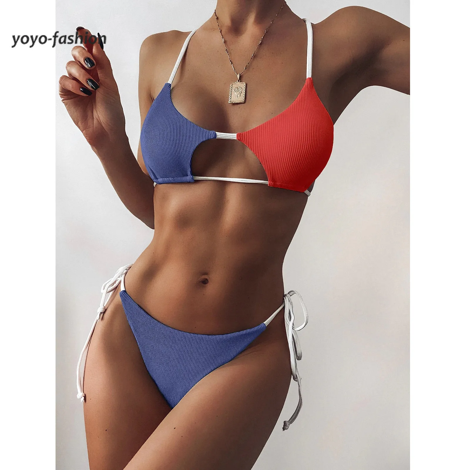 

New Sexy Ladies Stitching Strappy Women's Swimsuit Bikini Bathing Swimwear Set Two Pieces Beach Wear Swimsuit Biquini Patchwork