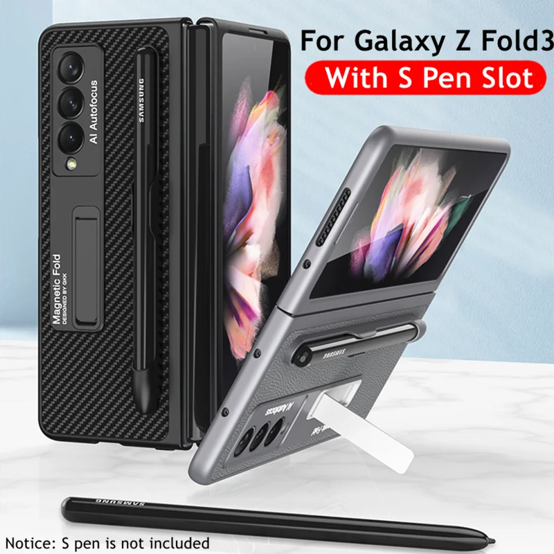 2022 For Samsung Galaxy Z Fold 3 5G Phone Case Magnetic Bracket With Pen Slot Hard Leather PC Full Protection Phone Cover