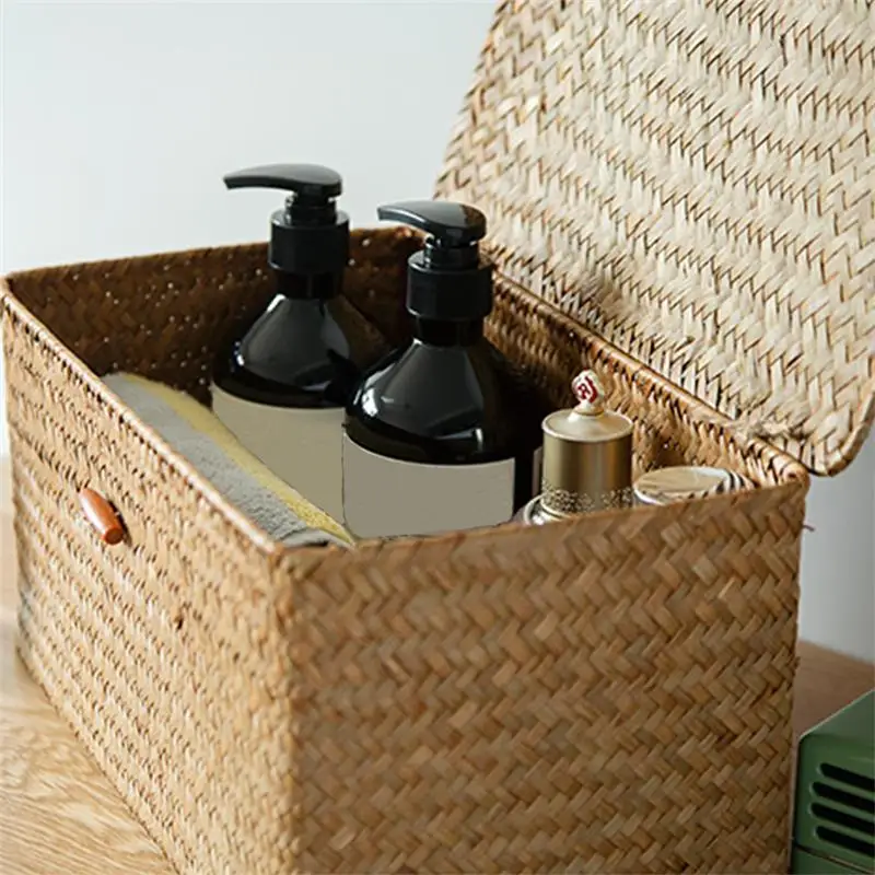 

Seagrass Woven Storage Box Cotton Linen Checkered Cloth Lined Storage Box Clothing Storage Basket With Lid Sundries Integration