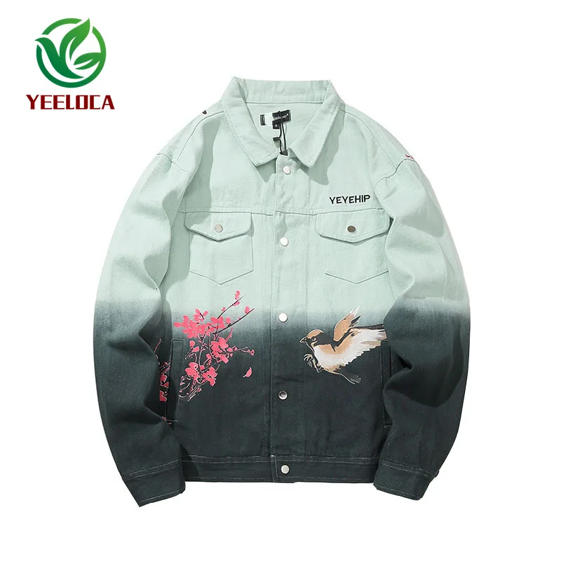 2019 Denim Shirt Male Female Jacket Men Casual Fashion Oversized Color Gradient Anti-War Bird Print Coat | Мужская одежда