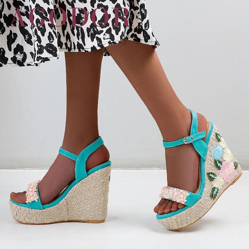 

AGODOR Platform Super High Heel Sandals Woman Shoes Espadrille Wedges Heel Sandals Flower Buckle Ladies Footwear Green Size 48