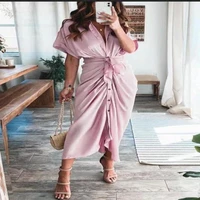 summer womens dress 2021 ins solid color v neck with wrap belt short sleeve shirtdress casual button fashion satin long dress