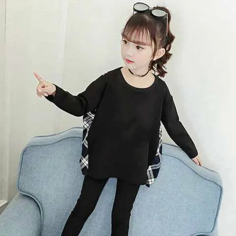 

2020 Spring Autumn Girls Beautiful Stitching Plaid Loose Long-sleeved Shirt T-shirt
