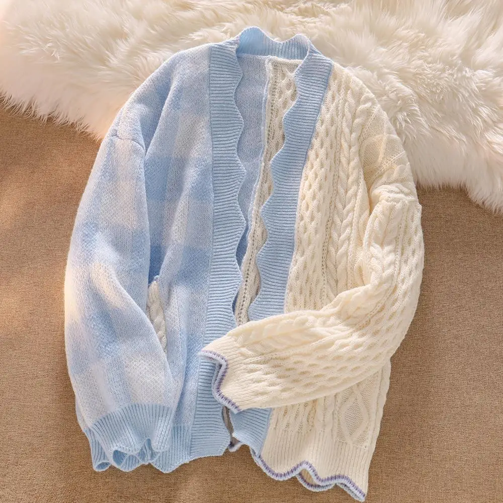 

Wave Design Sweater Cardigan Women Casual Vintage Streetwear Colorful Patchwork Pockets Korean Style Female Kintting Coat Tops